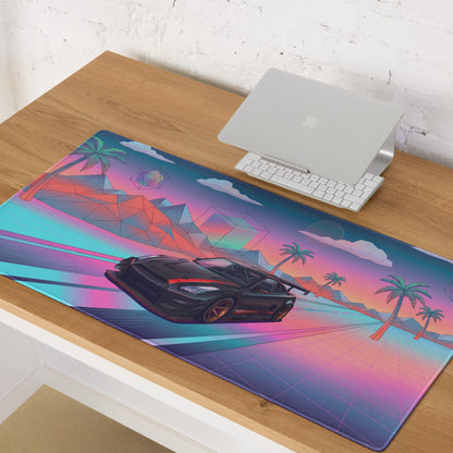 Nissan GT-R R35 Inspired Black Red Vaporwave Gaming Mouse Pad – Neon Pink Cyan Highway Desk Mat, Retro Futuristic JDM Supercar Digital Art