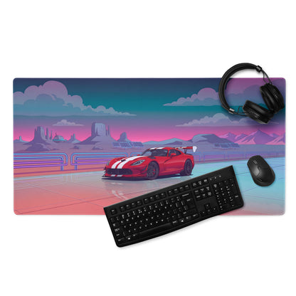 Dodge Viper ACR Inspired Red White Vaporwave Gaming Mouse Pad – Neon Desert Raceway Desk Mat, Retro Futuristic Supercar Sunset Digital Art