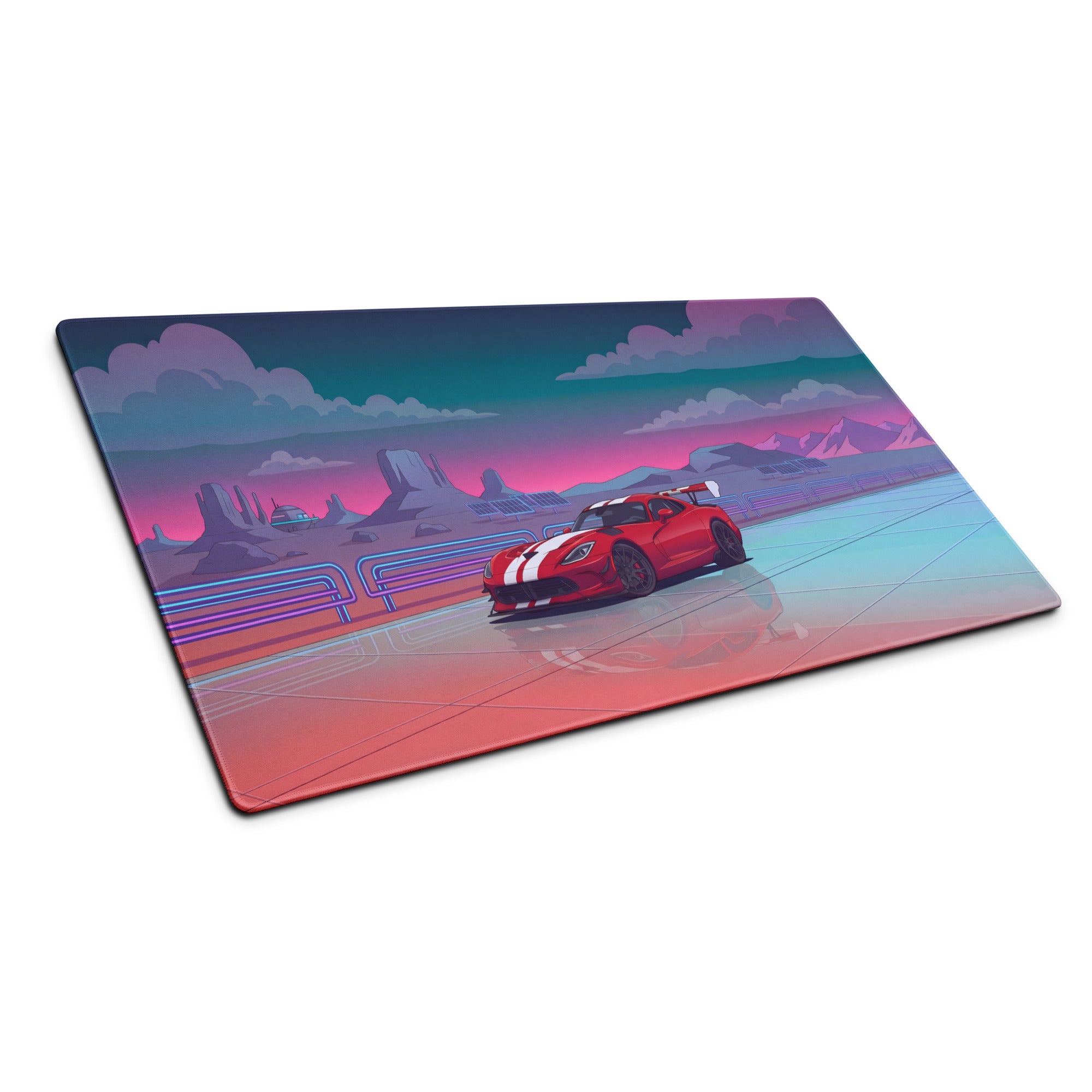 Dodge Viper ACR Inspired Red White Vaporwave Gaming Mouse Pad – Neon Desert Raceway Desk Mat, Retro Futuristic Supercar Sunset Digital Art