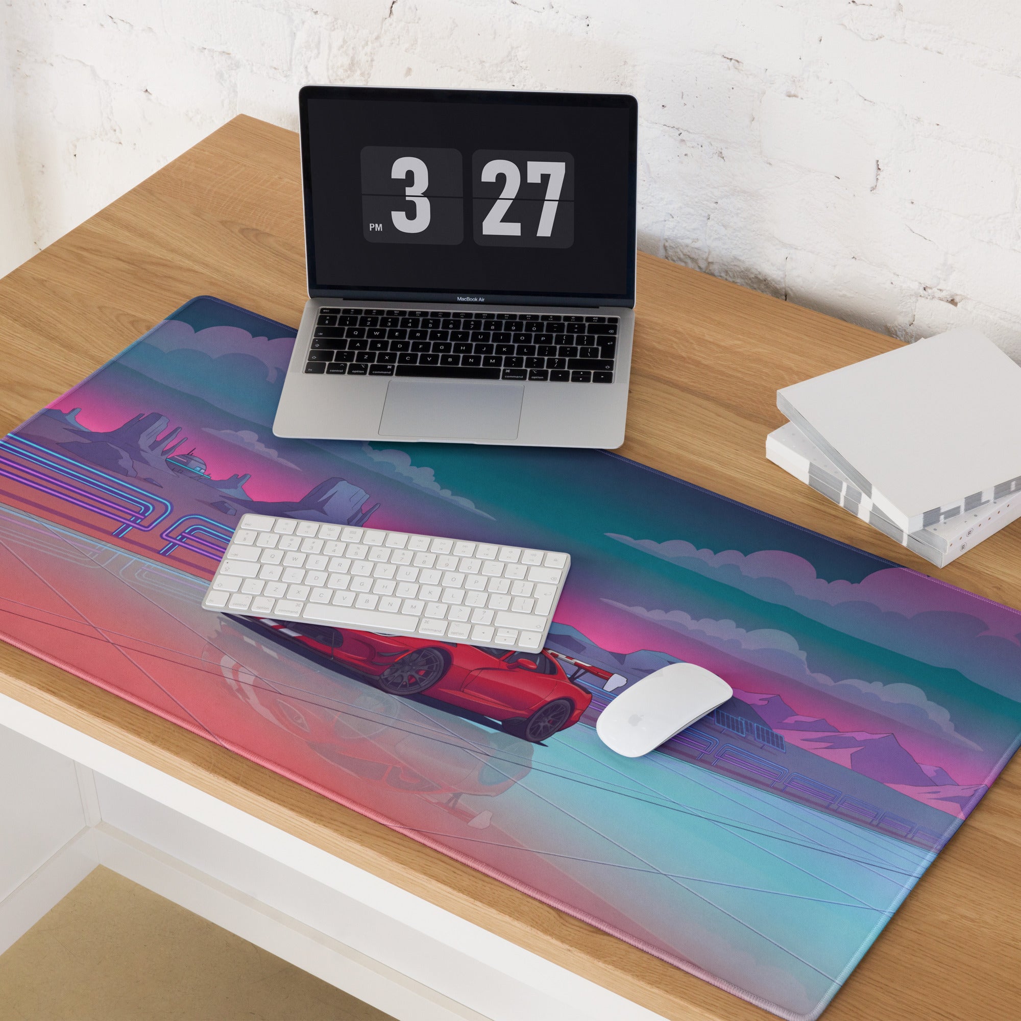 Dodge Viper ACR Inspired Red White Vaporwave Gaming Mouse Pad – Neon Desert Raceway Desk Mat, Retro Futuristic Supercar Sunset Digital Art