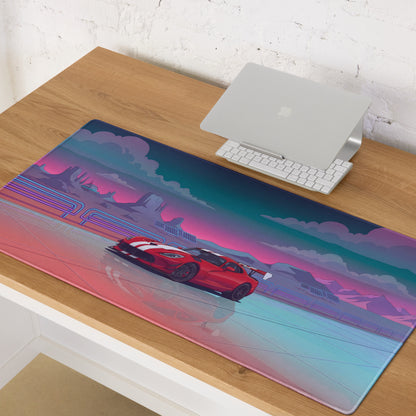Dodge Viper ACR Inspired Red White Vaporwave Gaming Mouse Pad – Neon Desert Raceway Desk Mat, Retro Futuristic Supercar Sunset Digital Art