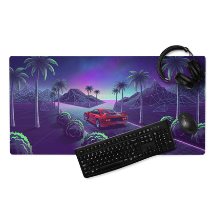 Ferrari F40 Inspired Red Purple Vaporwave Gaming Mouse Pad – Neon Palm Grid Highway Desk Mat, Retro Futuristic Supercar Landscape Digital Art