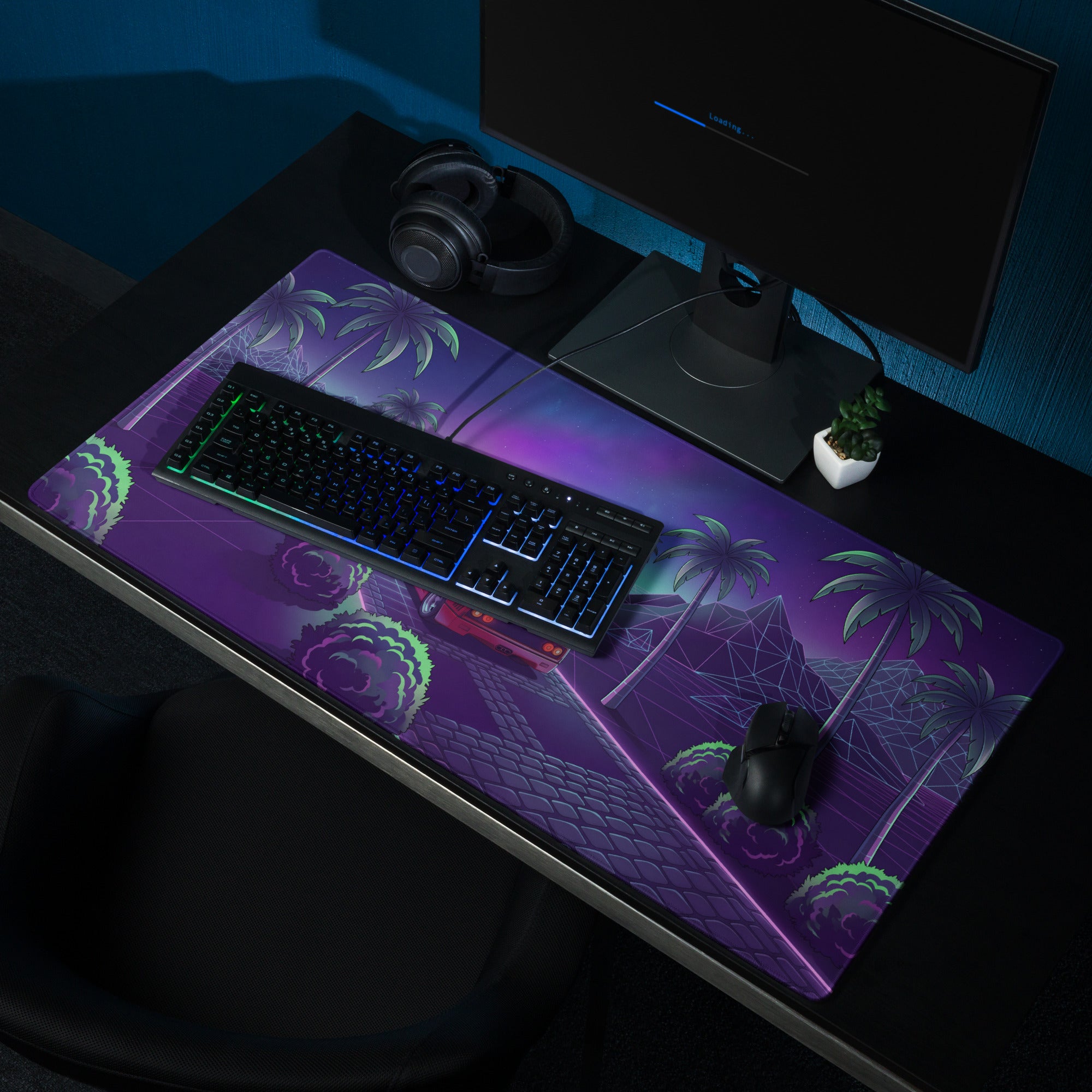 Ferrari F40 Inspired Red Purple Vaporwave Gaming Mouse Pad – Neon Palm Grid Highway Desk Mat, Retro Futuristic Supercar Landscape Digital Art