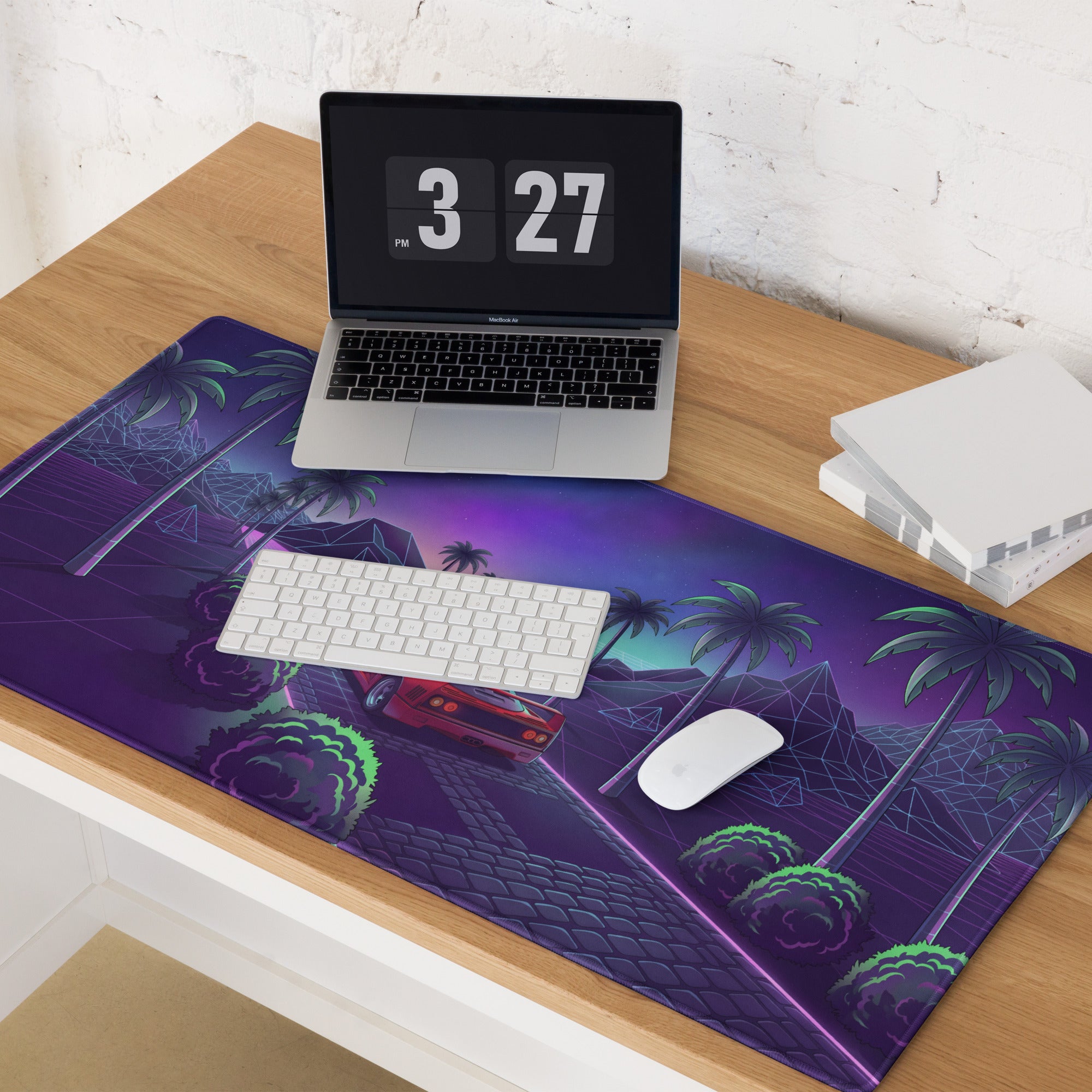 Ferrari F40 Inspired Red Purple Vaporwave Gaming Mouse Pad – Neon Palm Grid Highway Desk Mat, Retro Futuristic Supercar Landscape Digital Art