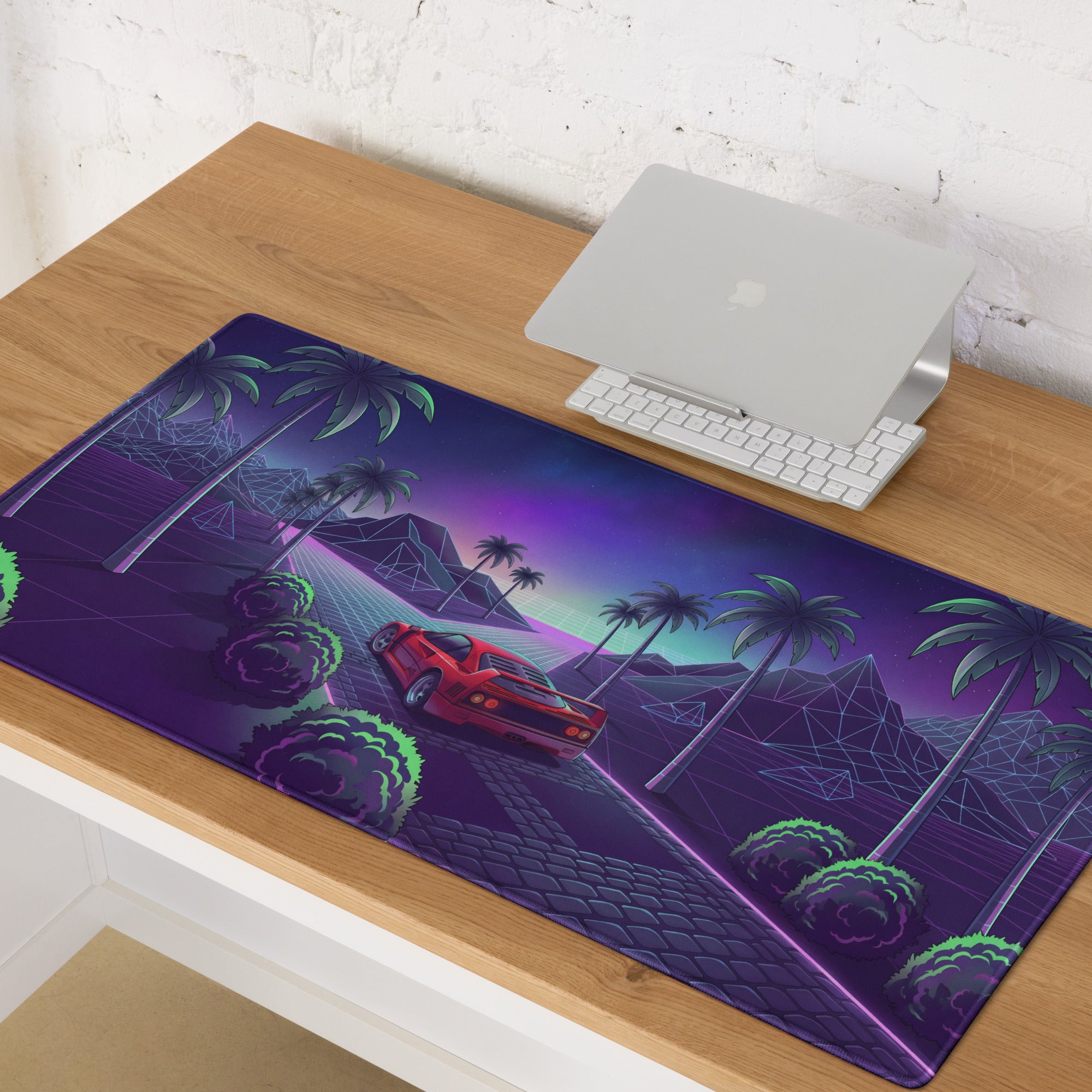 Ferrari F40 Inspired Red Purple Vaporwave Gaming Mouse Pad – Neon Palm Grid Highway Desk Mat, Retro Futuristic Supercar Landscape Digital Art