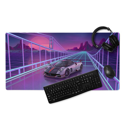 Pagani Huayra BC Roadster Inspired Silver Purple Vaporwave Gaming Mouse Pad – Neon Grid Bridge Desk Mat, Retro Futuristic Hypercar Sunset Digital Art
