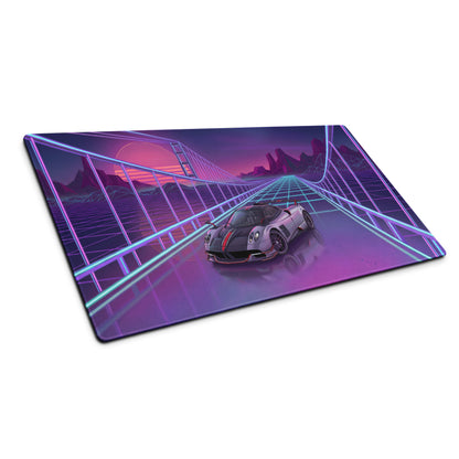 Pagani Huayra BC Roadster Inspired Silver Purple Vaporwave Gaming Mouse Pad – Neon Grid Bridge Desk Mat, Retro Futuristic Hypercar Sunset Digital Art