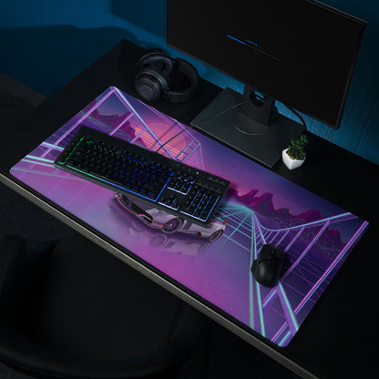 Pagani Huayra BC Roadster Inspired Silver Purple Vaporwave Gaming Mouse Pad – Neon Grid Bridge Desk Mat, Retro Futuristic Hypercar Sunset Digital Art