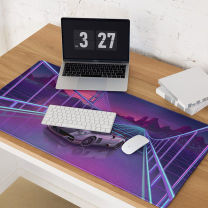 Pagani Huayra BC Roadster Inspired Silver Purple Vaporwave Gaming Mouse Pad – Neon Grid Bridge Desk Mat, Retro Futuristic Hypercar Sunset Digital Art