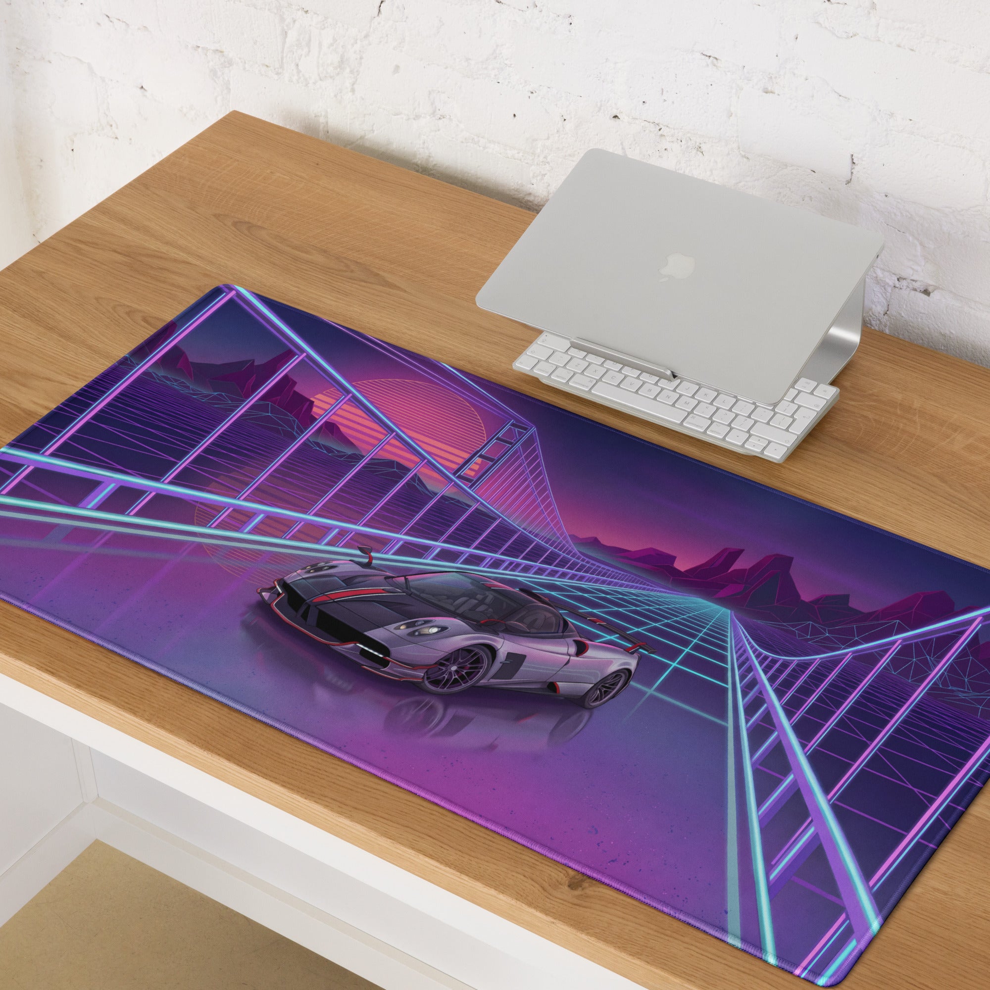 Pagani Huayra BC Roadster Inspired Silver Purple Vaporwave Gaming Mouse Pad – Neon Grid Bridge Desk Mat, Retro Futuristic Hypercar Sunset Digital Art