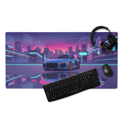 Audi R8 V10 Inspired Blue Purple Vaporwave Gaming Mouse Pad – Neon Cyber City Desk Mat, Retro Futuristic Supercar Reflection Digital Art