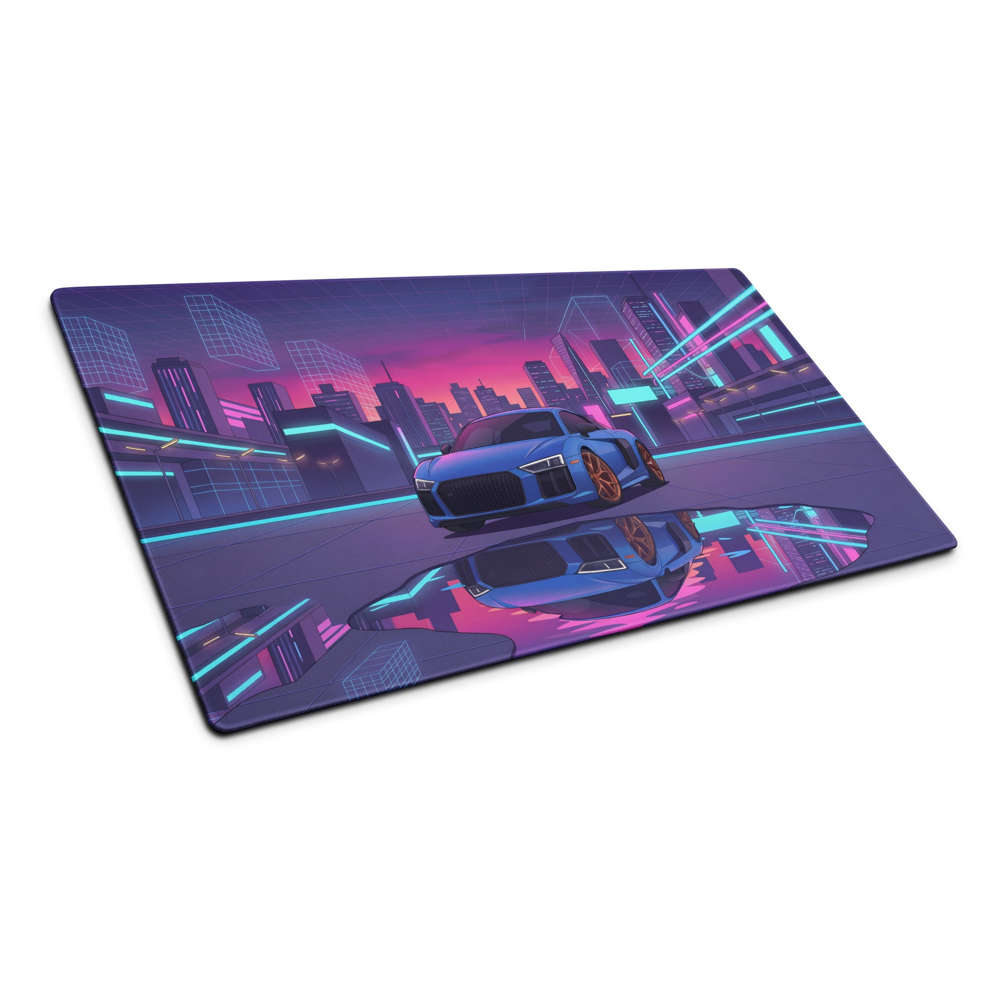 Audi R8 V10 Inspired Blue Purple Vaporwave Gaming Mouse Pad – Neon Cyber City Desk Mat, Retro Futuristic Supercar Reflection Digital Art