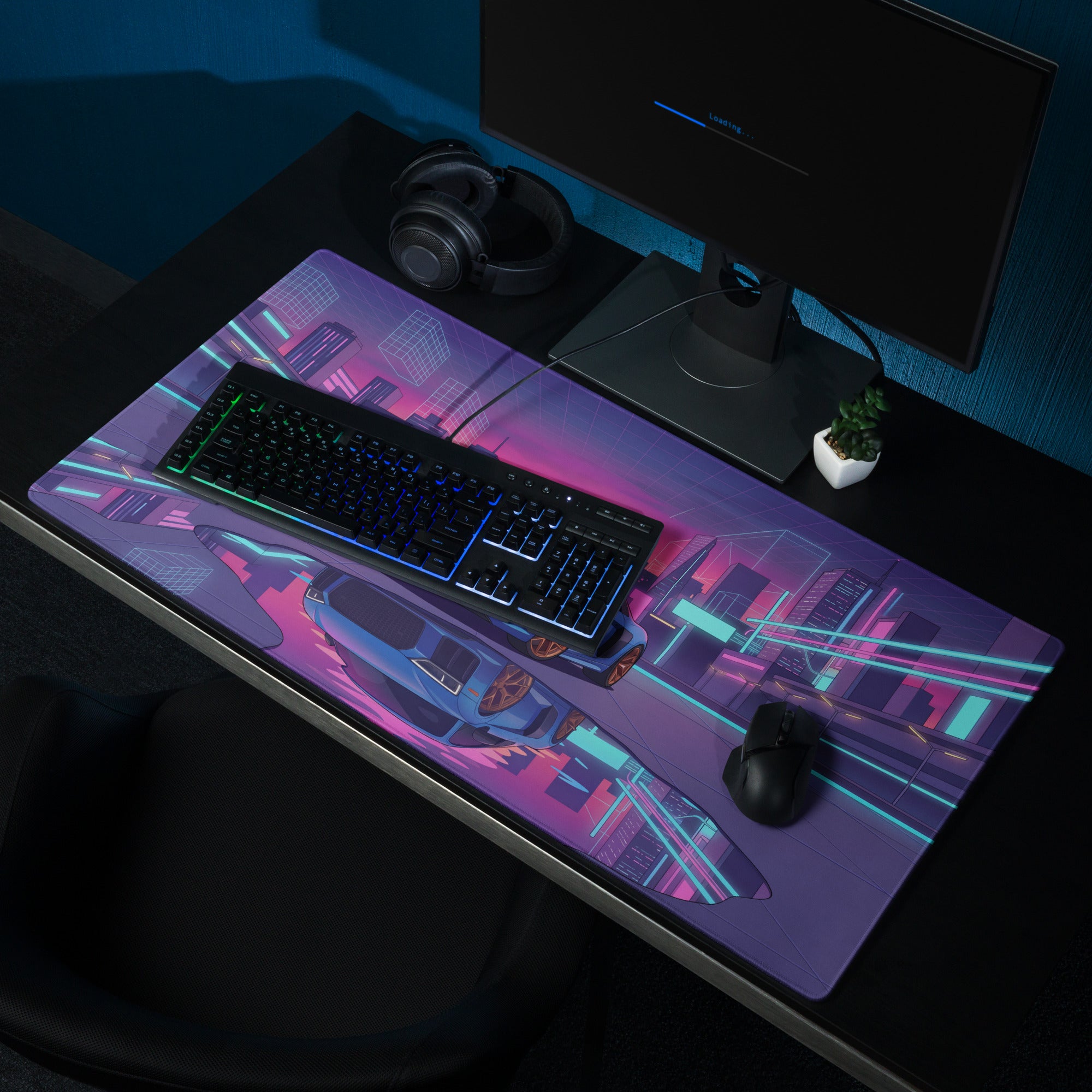 Audi R8 V10 Inspired Blue Purple Vaporwave Gaming Mouse Pad – Neon Cyber City Desk Mat, Retro Futuristic Supercar Reflection Digital Art