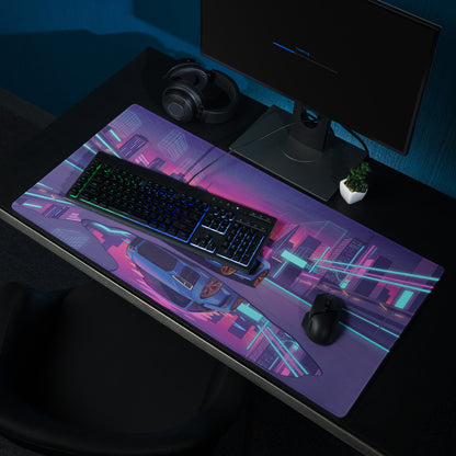 Audi R8 V10 Inspired Blue Purple Vaporwave Gaming Mouse Pad – Neon Cyber City Desk Mat, Retro Futuristic Supercar Reflection Digital Art