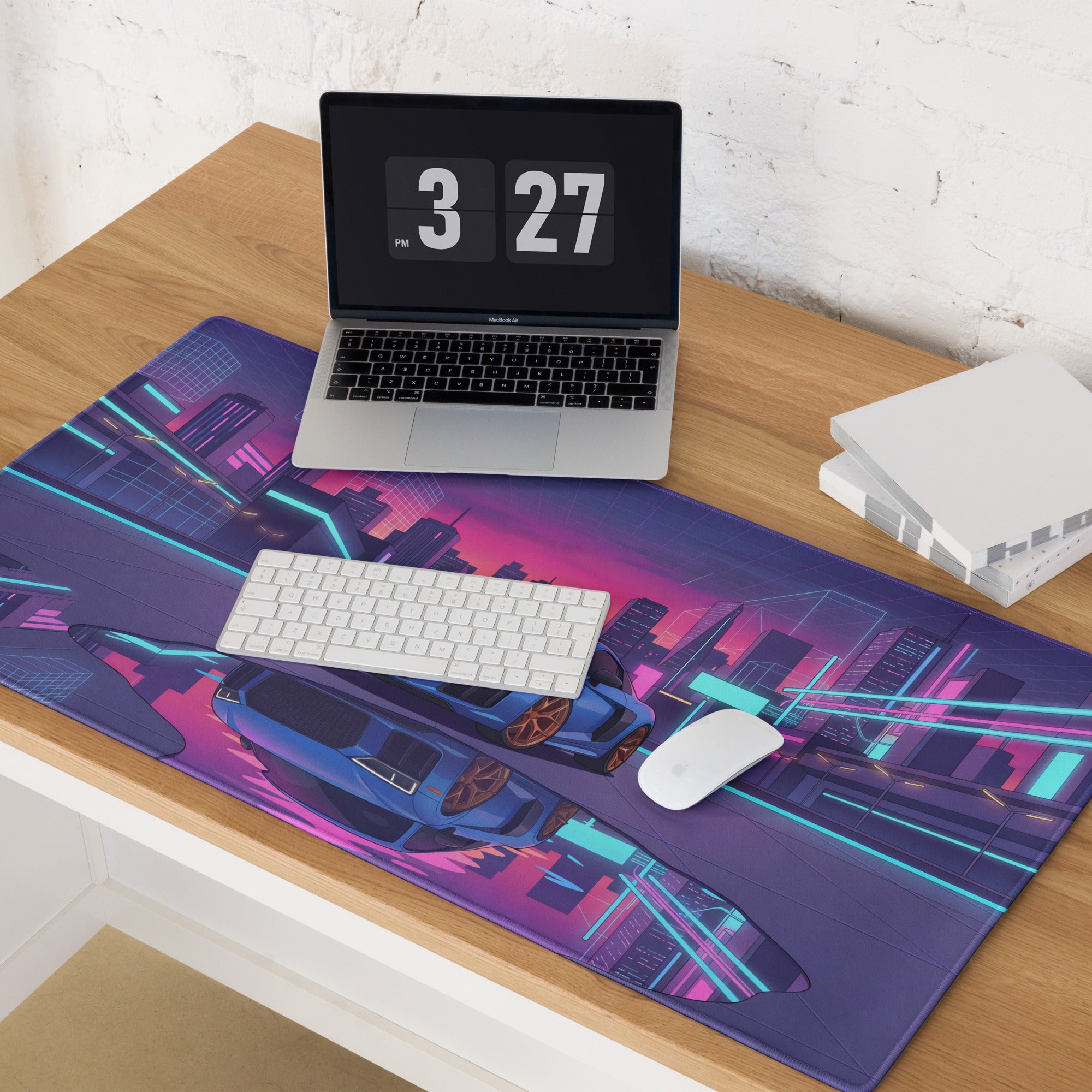 Audi R8 V10 Inspired Blue Purple Vaporwave Gaming Mouse Pad – Neon Cyber City Desk Mat, Retro Futuristic Supercar Reflection Digital Art