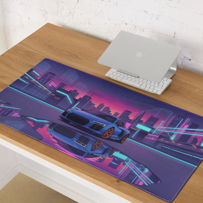 Audi R8 V10 Inspired Blue Purple Vaporwave Gaming Mouse Pad – Neon Cyber City Desk Mat, Retro Futuristic Supercar Reflection Digital Art