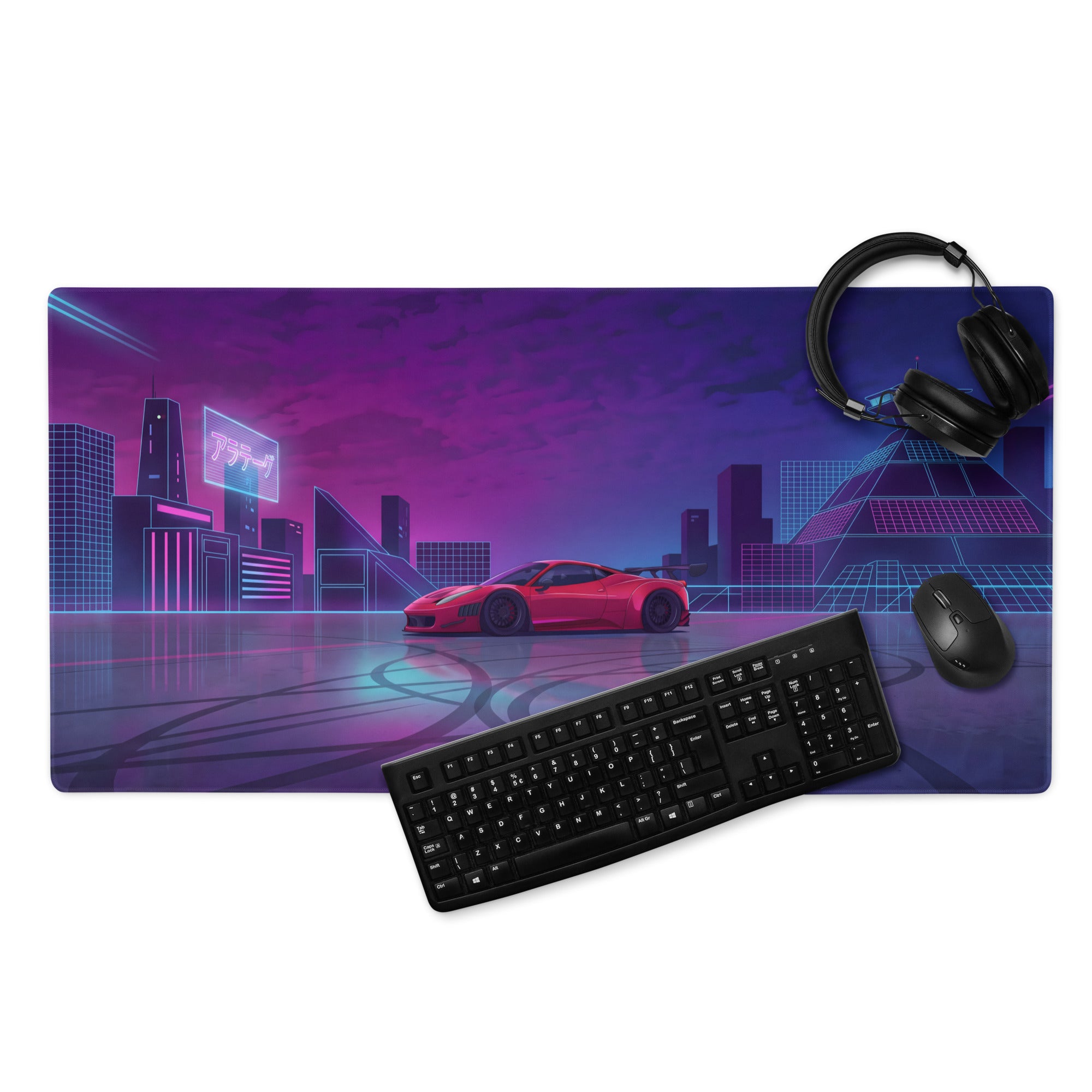 Ferrari 458 Italia Inspired Widebody Red Purple Vaporwave Gaming Mouse Pad – Neon Japanese Cyber City Desk Mat, Retro Futuristic Supercar Digital Art