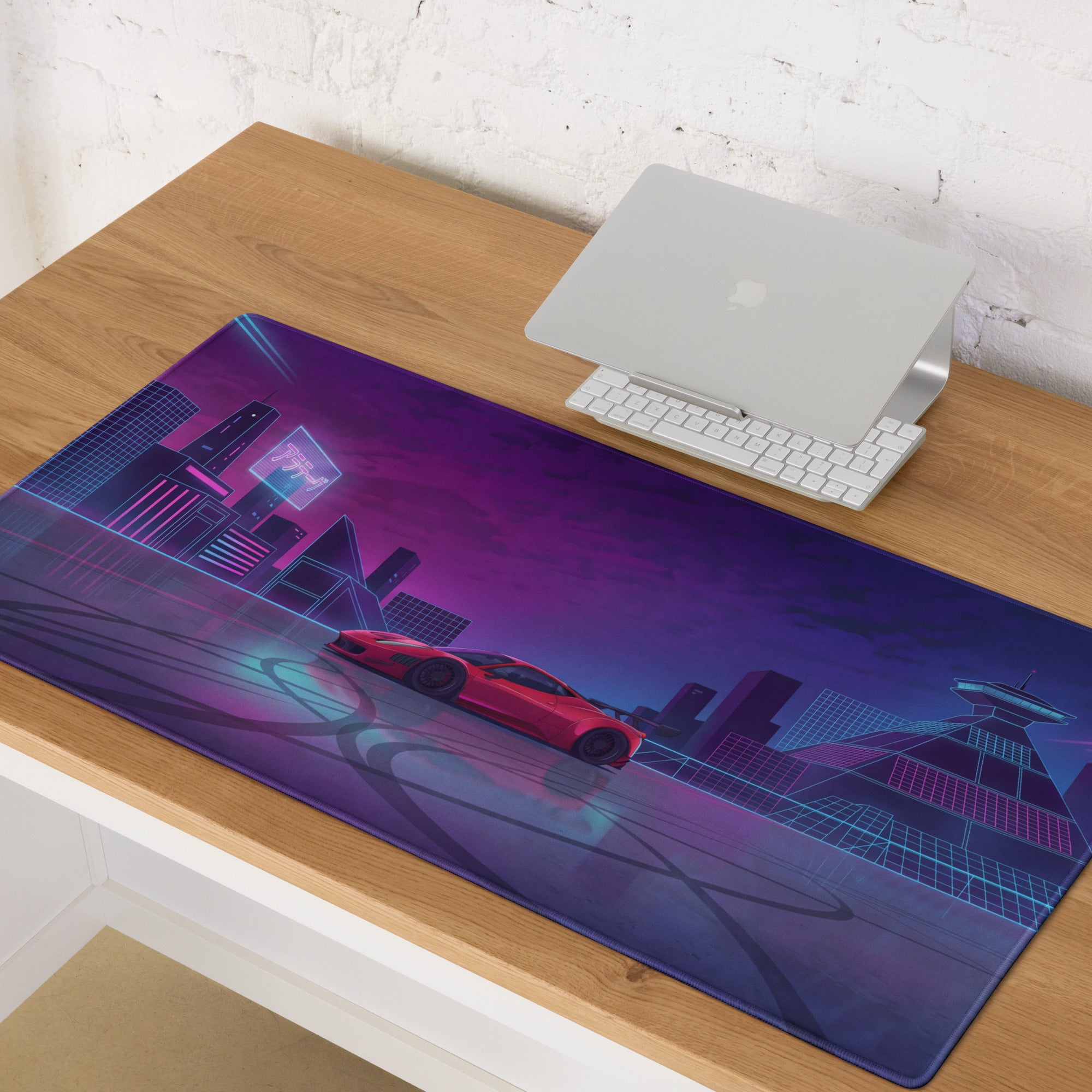 Ferrari 458 Italia Inspired Widebody Red Purple Vaporwave Gaming Mouse Pad – Neon Japanese Cyber City Desk Mat, Retro Futuristic Supercar Digital Art