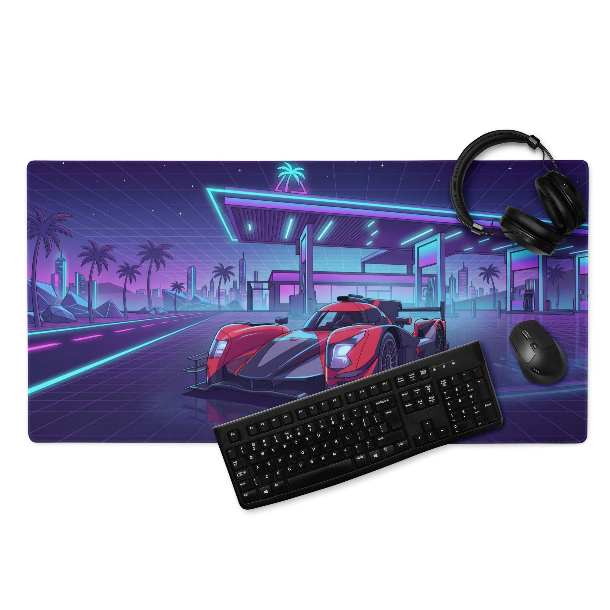 Cadillac V-Series.R Inspired Red Black Vaporwave Gaming Mouse Pad – Neon Retro Gas Station Desk Mat, Futuristic Le Mans Hypercar Digital Art