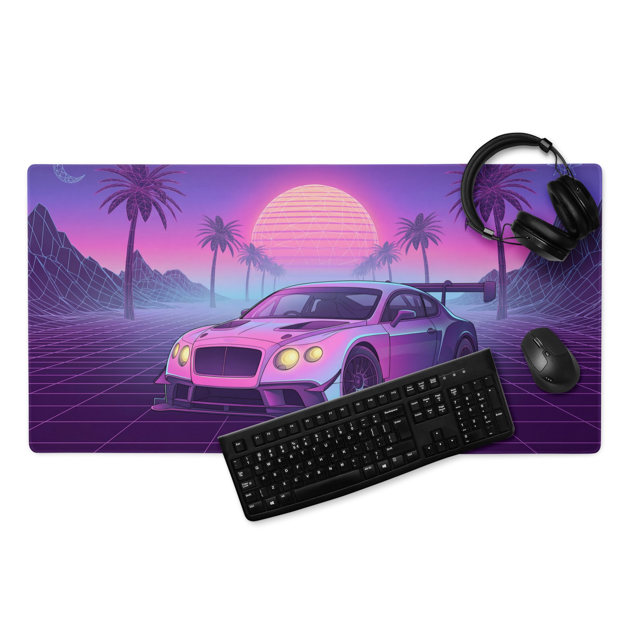 Bentley Continental GT3 Inspired Pink Purple Vaporwave Gaming Mouse Pad – Neon Sunset Grid Desk Mat, Retro Futuristic Racing Car Digital Art