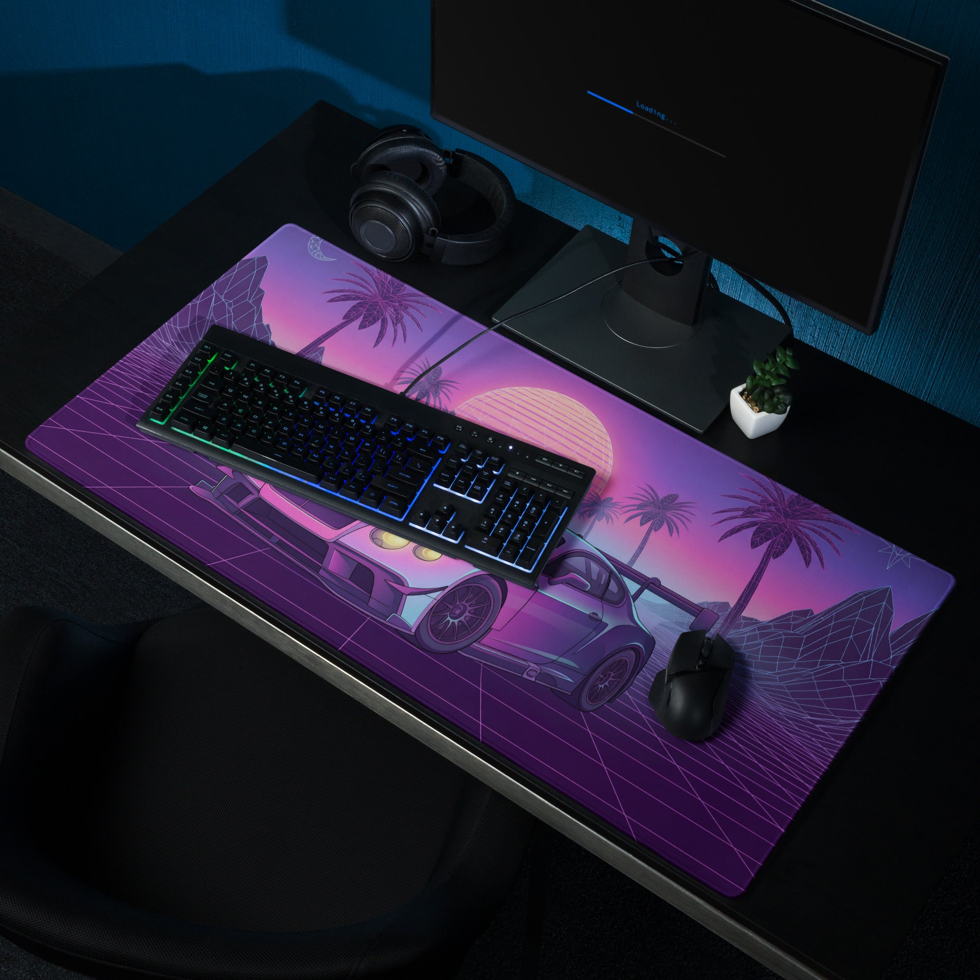 Bentley Continental GT3 Inspired Pink Purple Vaporwave Gaming Mouse Pad – Neon Sunset Grid Desk Mat, Retro Futuristic Racing Car Digital Art
