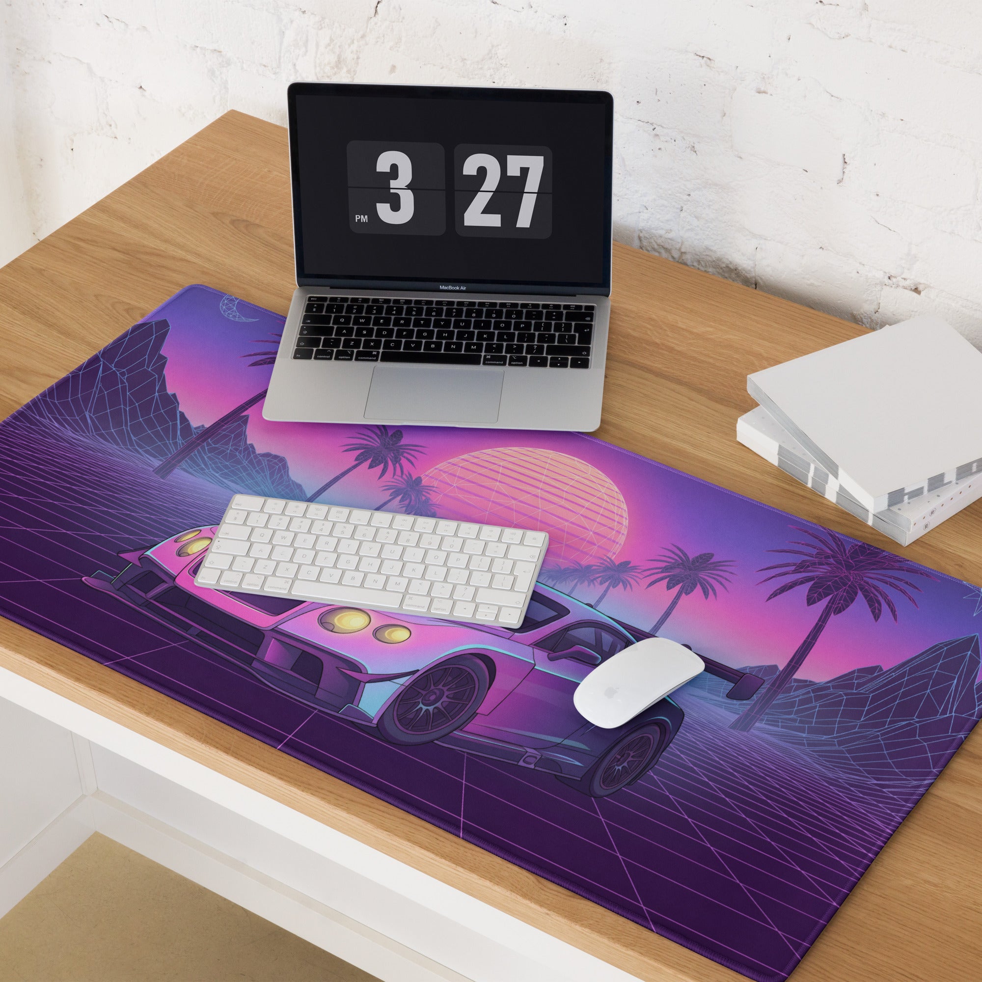 Bentley Continental GT3 Inspired Pink Purple Vaporwave Gaming Mouse Pad – Neon Sunset Grid Desk Mat, Retro Futuristic Racing Car Digital Art