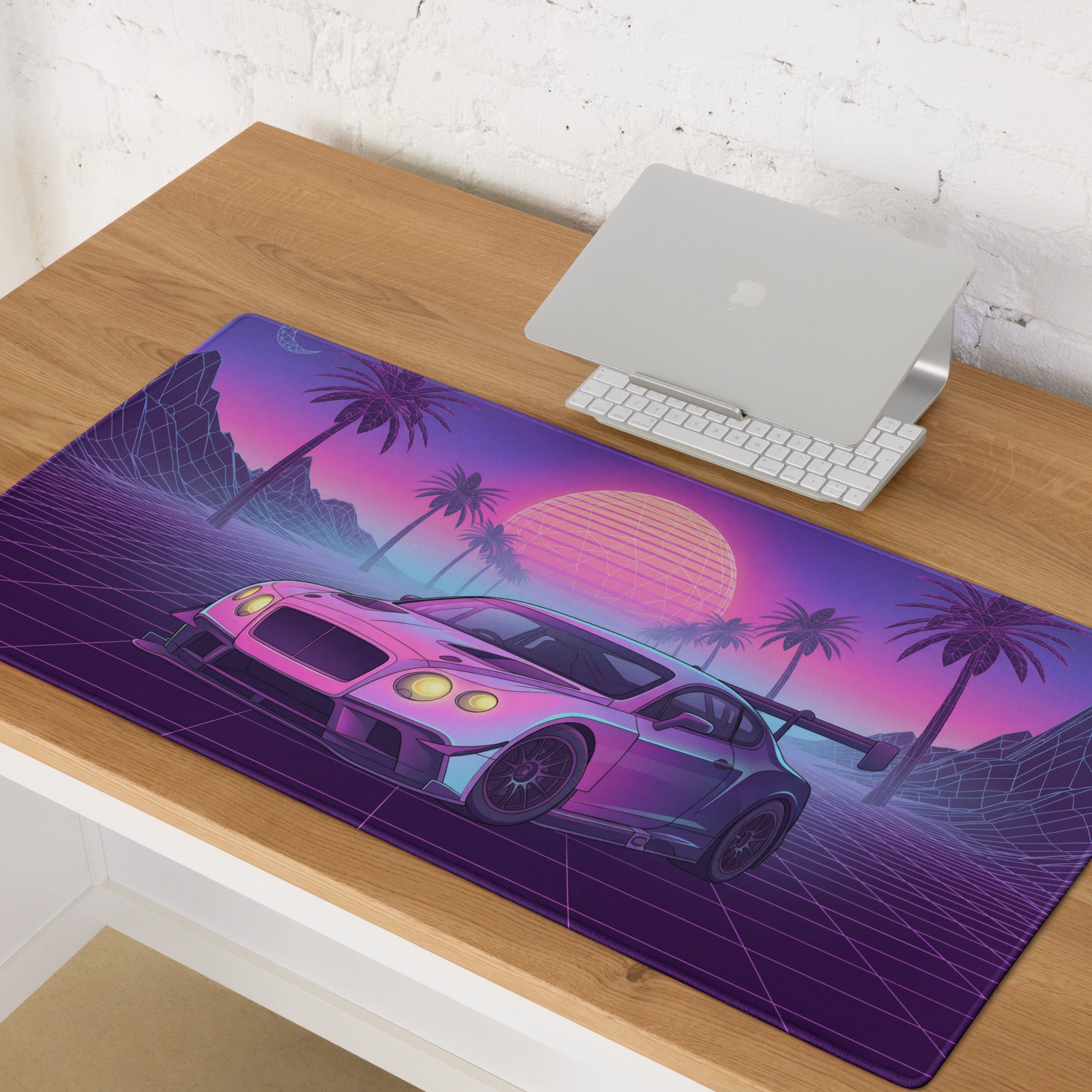 Bentley Continental GT3 Inspired Pink Purple Vaporwave Gaming Mouse Pad – Neon Sunset Grid Desk Mat, Retro Futuristic Racing Car Digital Art