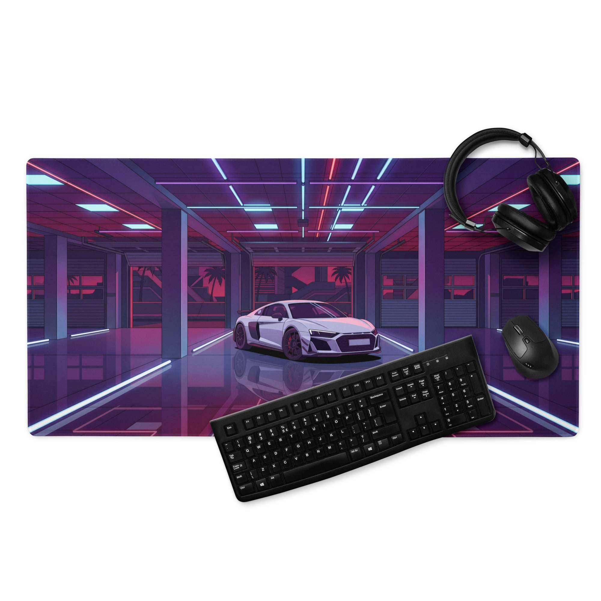 Audi R8 Inspired White Purple Vaporwave Gaming Mouse Pad – Neon Cyber Garage Desk Mat, Retro Futuristic Supercar Digital Art