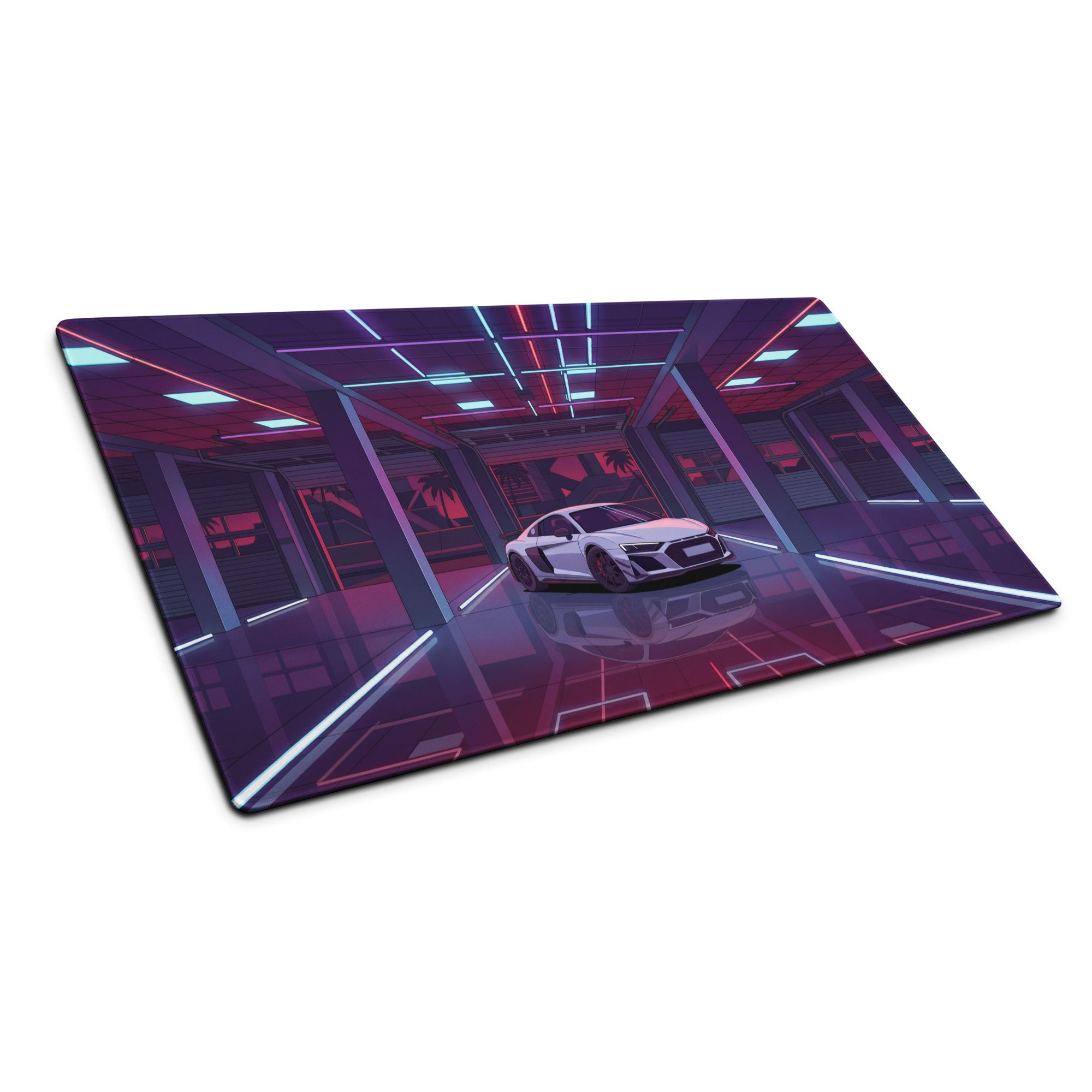 Audi R8 Inspired White Purple Vaporwave Gaming Mouse Pad – Neon Cyber Garage Desk Mat, Retro Futuristic Supercar Digital Art