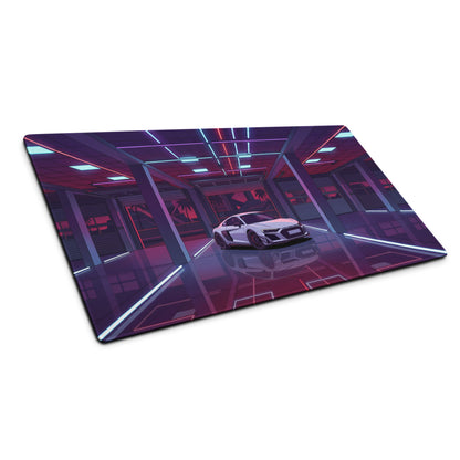 Audi R8 Inspired White Purple Vaporwave Gaming Mouse Pad – Neon Cyber Garage Desk Mat, Retro Futuristic Supercar Digital Art