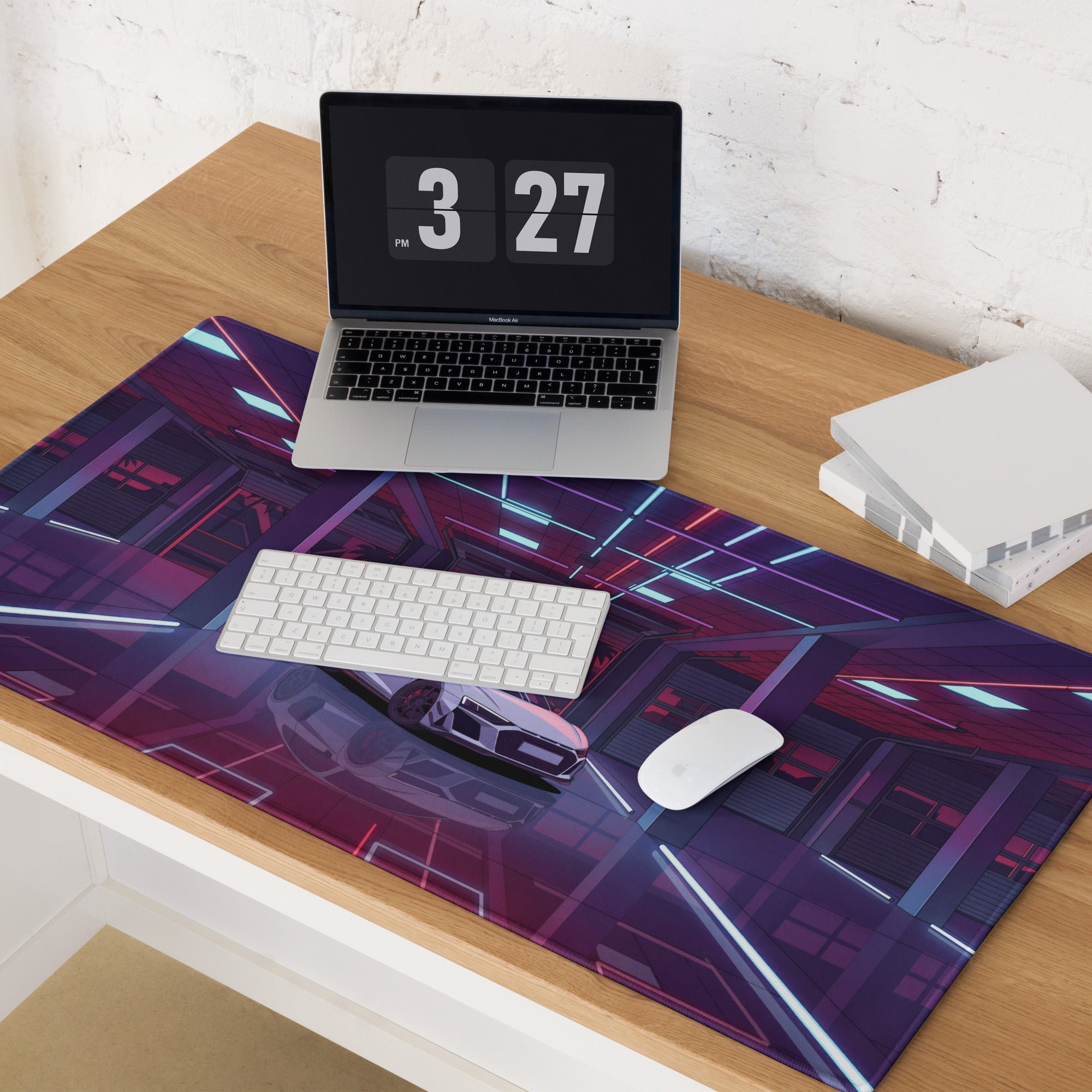 Audi R8 Inspired White Purple Vaporwave Gaming Mouse Pad – Neon Cyber Garage Desk Mat, Retro Futuristic Supercar Digital Art