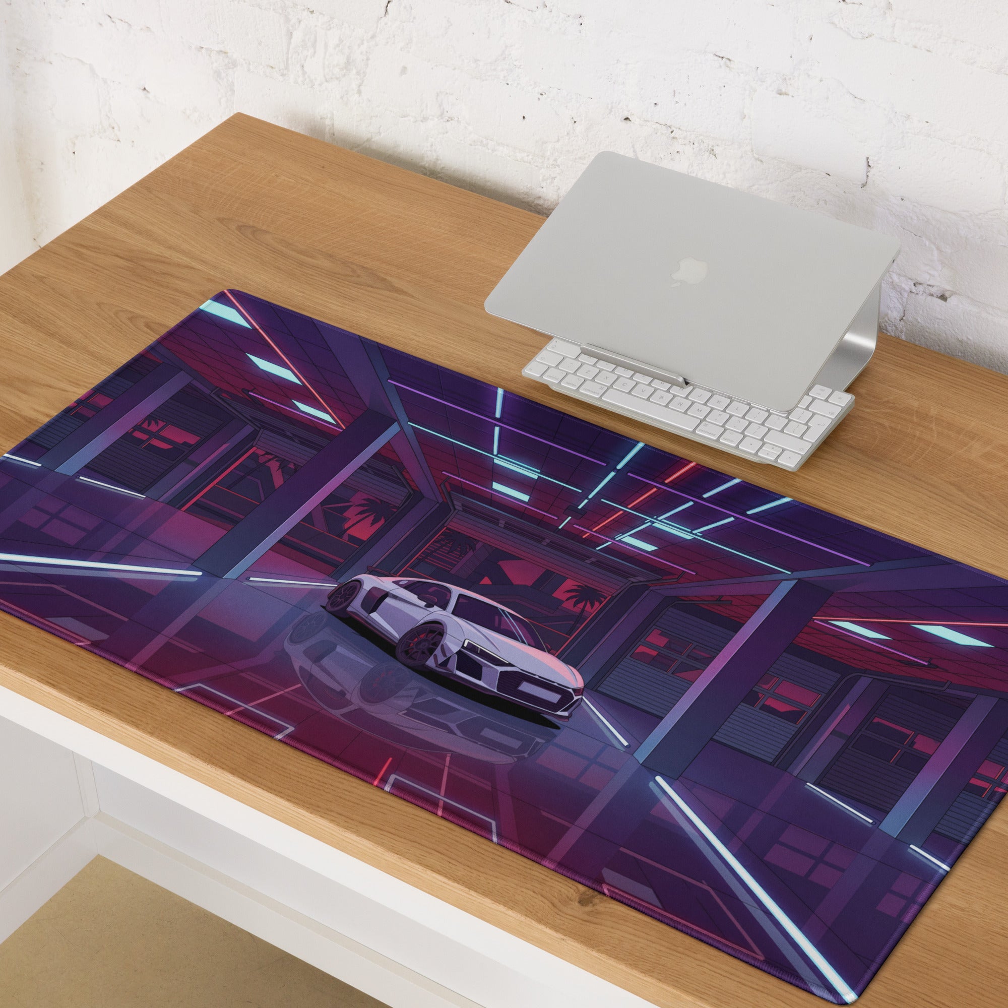 Audi R8 Inspired White Purple Vaporwave Gaming Mouse Pad – Neon Cyber Garage Desk Mat, Retro Futuristic Supercar Digital Art