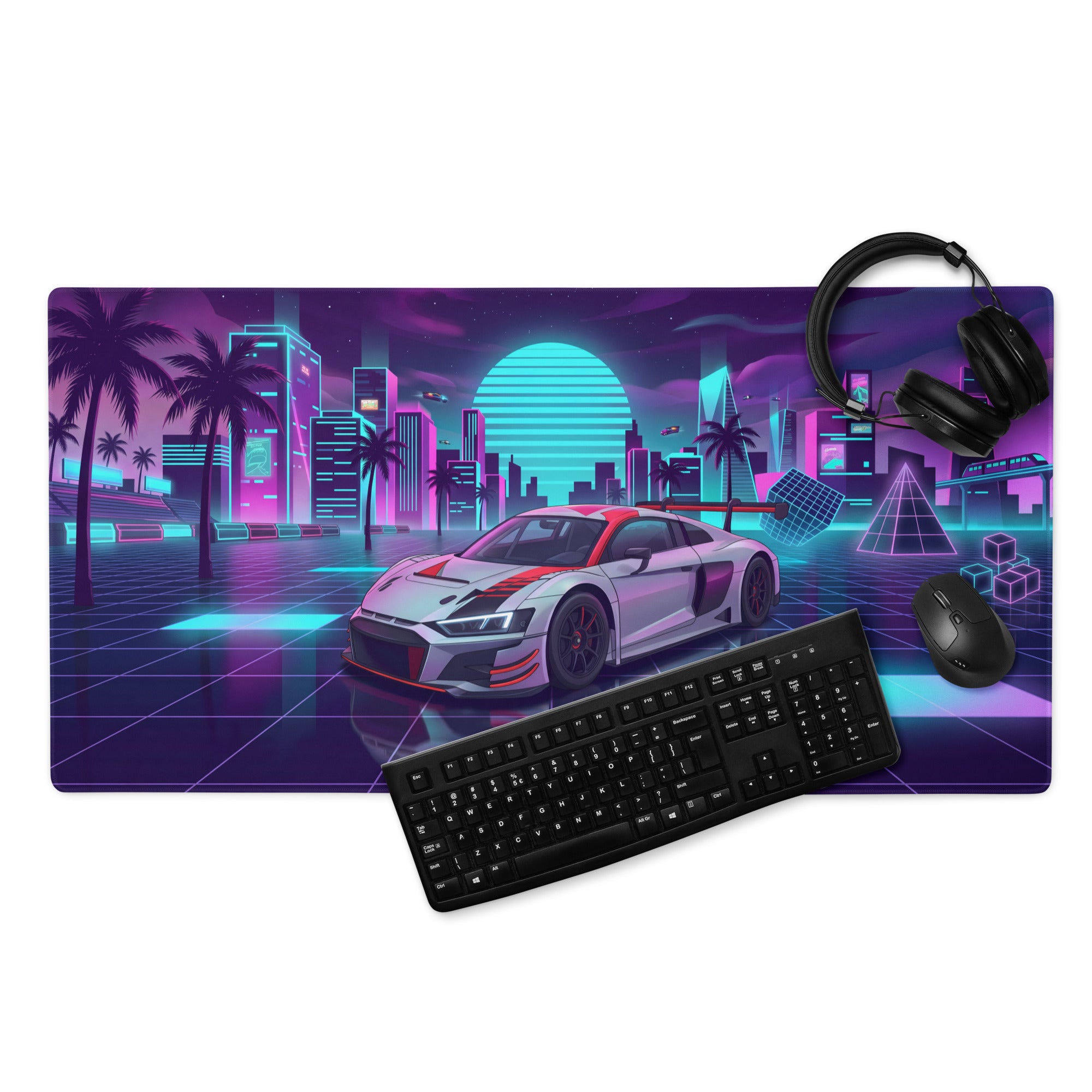 Audi R8 LMS GT3 Inspired White Red Vaporwave Gaming Mouse Pad – Neon Cyber City Desk Mat, Retro Futuristic Racing Car Digital Art
