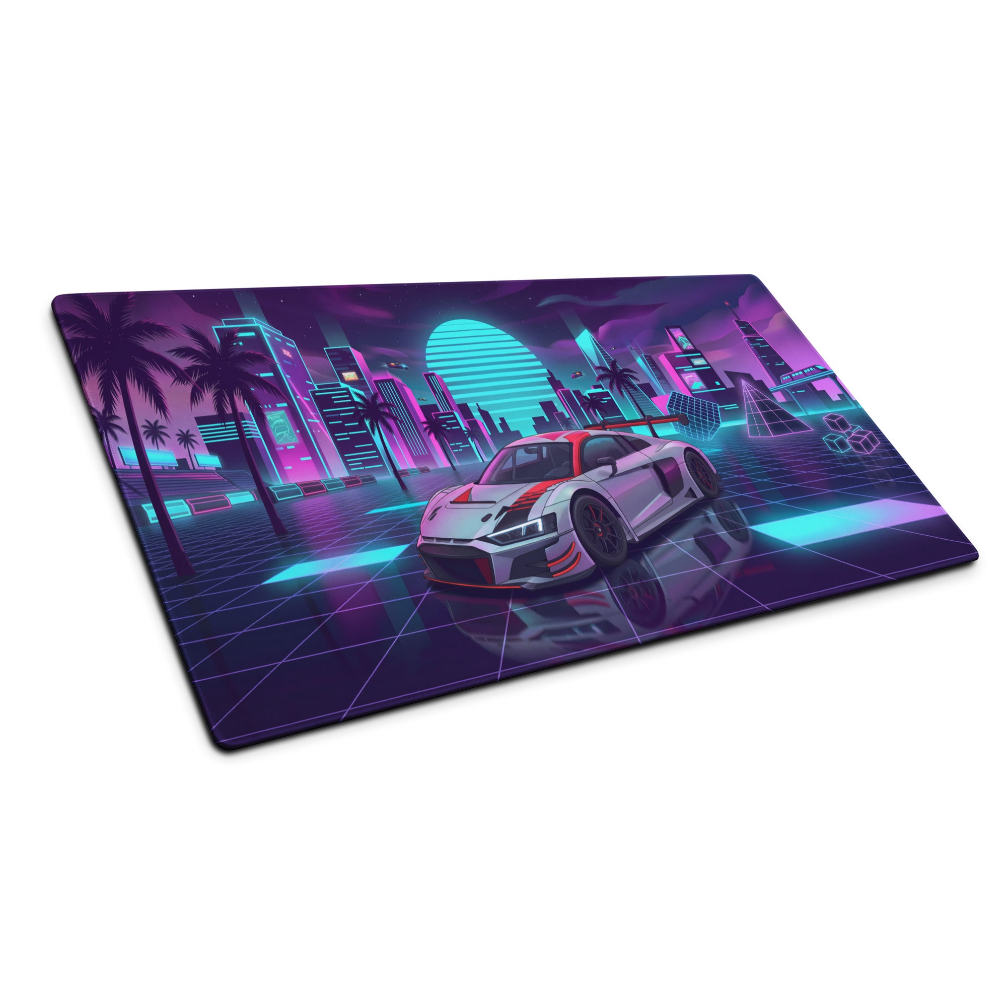 Audi R8 LMS GT3 Inspired White Red Vaporwave Gaming Mouse Pad – Neon Cyber City Desk Mat, Retro Futuristic Racing Car Digital Art