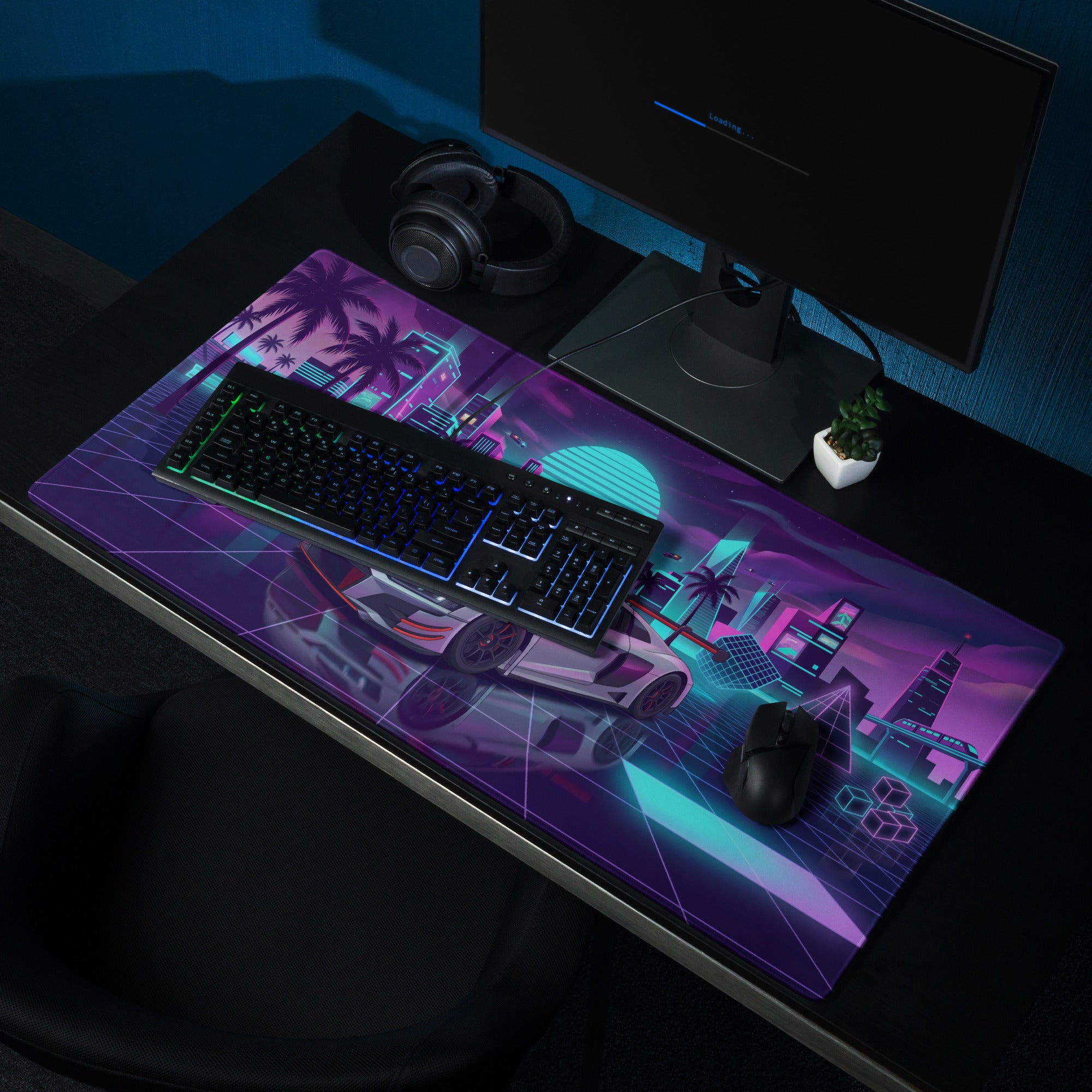 Audi R8 LMS GT3 Inspired White Red Vaporwave Gaming Mouse Pad – Neon Cyber City Desk Mat, Retro Futuristic Racing Car Digital Art