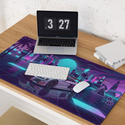 Audi R8 LMS GT3 Inspired White Red Vaporwave Gaming Mouse Pad – Neon Cyber City Desk Mat, Retro Futuristic Racing Car Digital Art