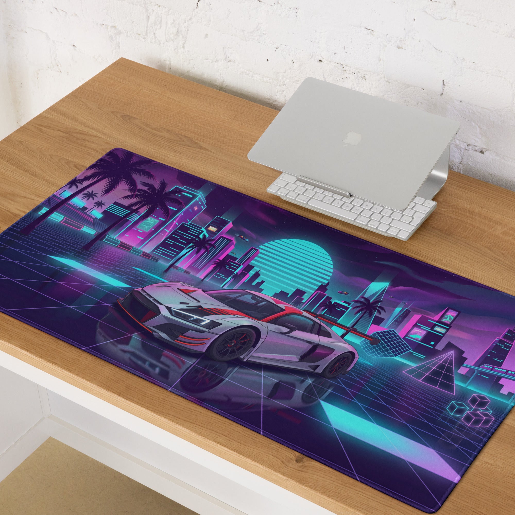 Audi R8 LMS GT3 Inspired White Red Vaporwave Gaming Mouse Pad – Neon Cyber City Desk Mat, Retro Futuristic Racing Car Digital Art