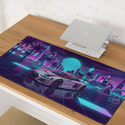 Audi R8 LMS GT3 Inspired White Red Vaporwave Gaming Mouse Pad – Neon Cyber City Desk Mat, Retro Futuristic Racing Car Digital Art