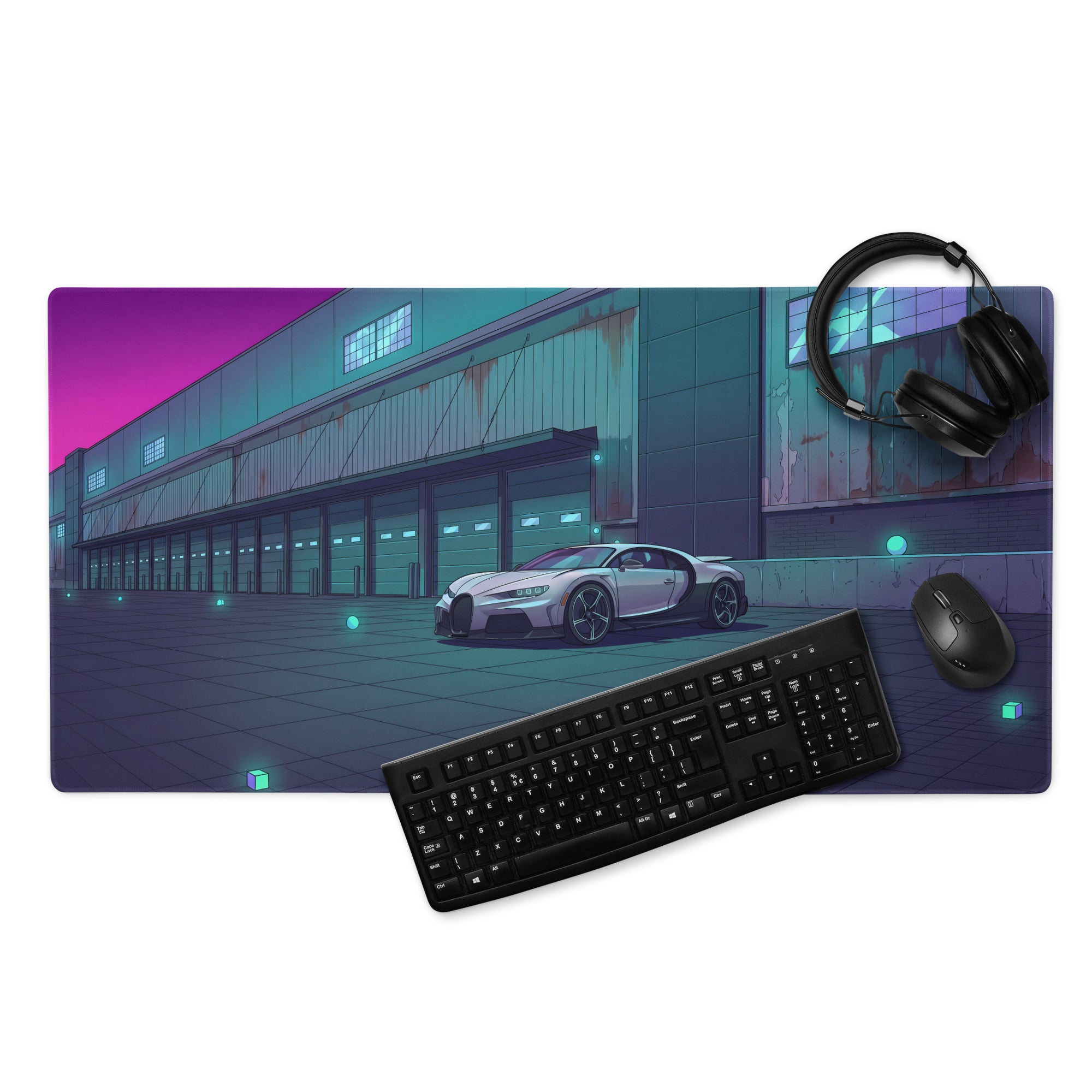 Bugatti Chiron Inspired Silver Teal Vaporwave Gaming Mouse Pad – Neon Industrial Garage Desk Mat, Moody Futuristic Hypercar Digital Art