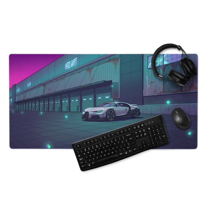 Bugatti Chiron Inspired Silver Teal Vaporwave Gaming Mouse Pad – Neon Industrial Garage Desk Mat, Moody Futuristic Hypercar Digital Art