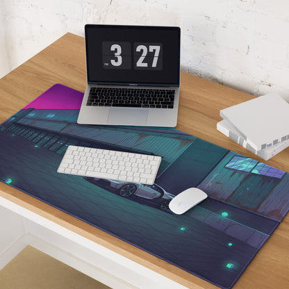 Bugatti Chiron Inspired Silver Teal Vaporwave Gaming Mouse Pad – Neon Industrial Garage Desk Mat, Moody Futuristic Hypercar Digital Art