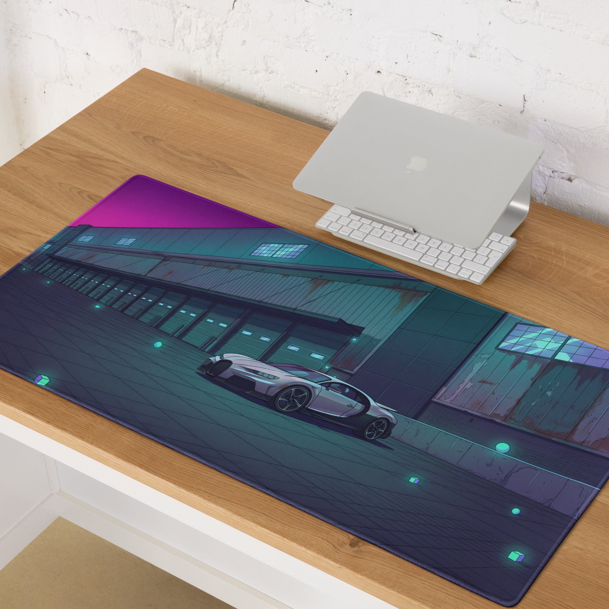 Bugatti Chiron Inspired Silver Teal Vaporwave Gaming Mouse Pad – Neon Industrial Garage Desk Mat, Moody Futuristic Hypercar Digital Art