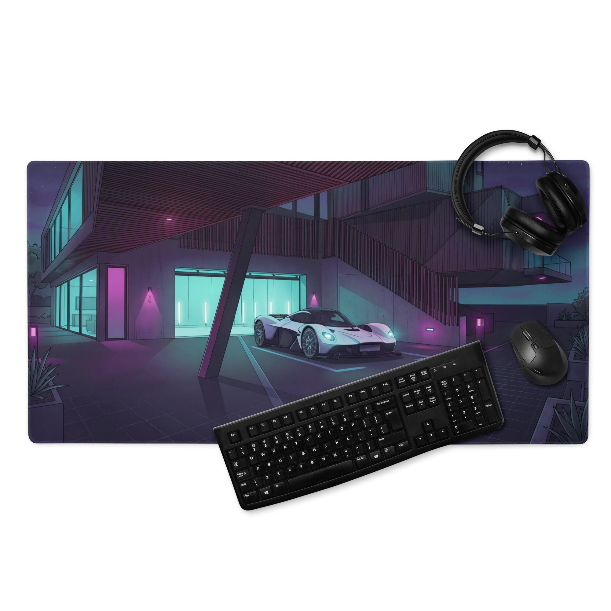 Aston Martin Valkyrie Inspired White Teal Vaporwave Gaming Mouse Pad – Neon Luxury Garage Desk Mat, Moody Futuristic Hypercar Digital Art