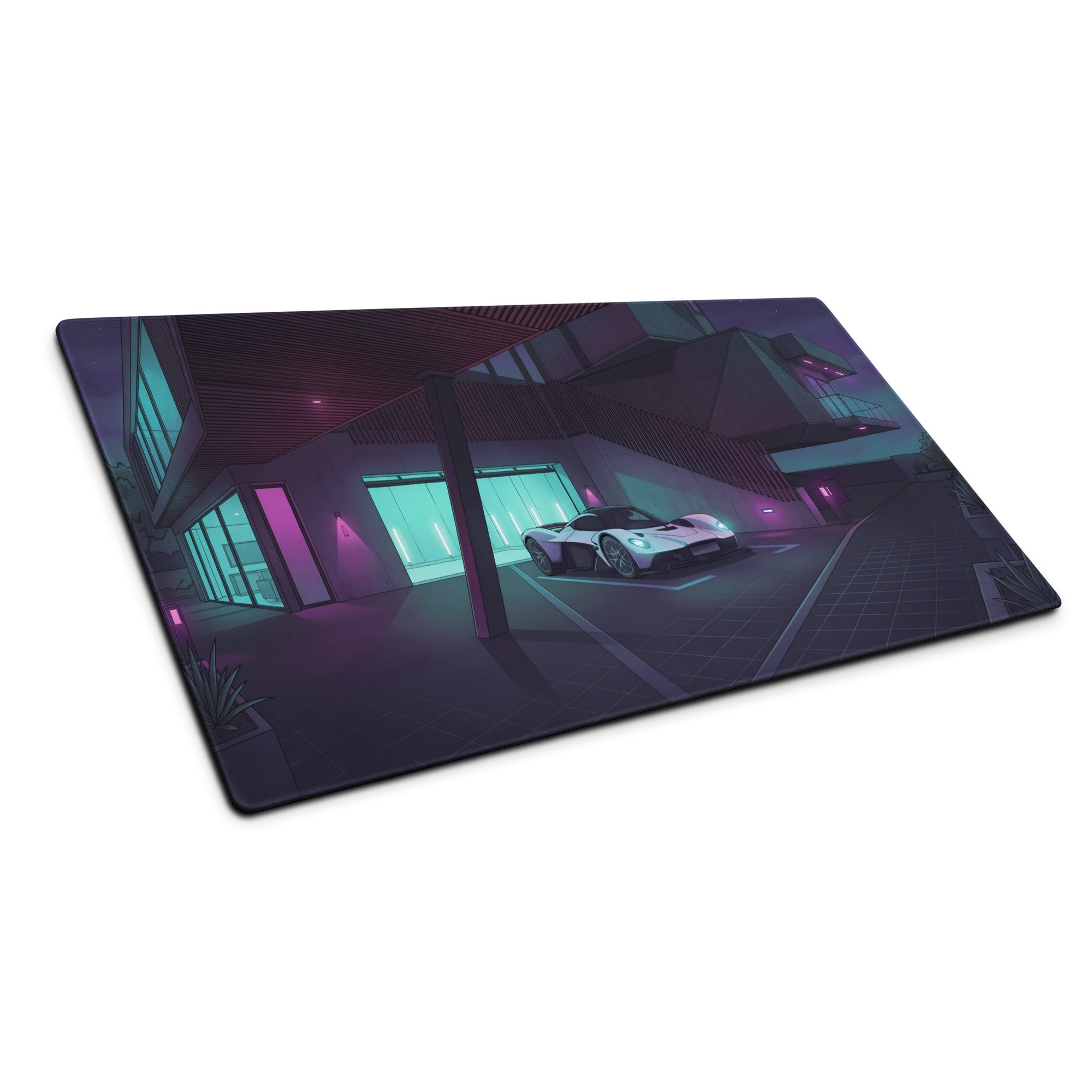Aston Martin Valkyrie Inspired White Teal Vaporwave Gaming Mouse Pad – Neon Luxury Garage Desk Mat, Moody Futuristic Hypercar Digital Art