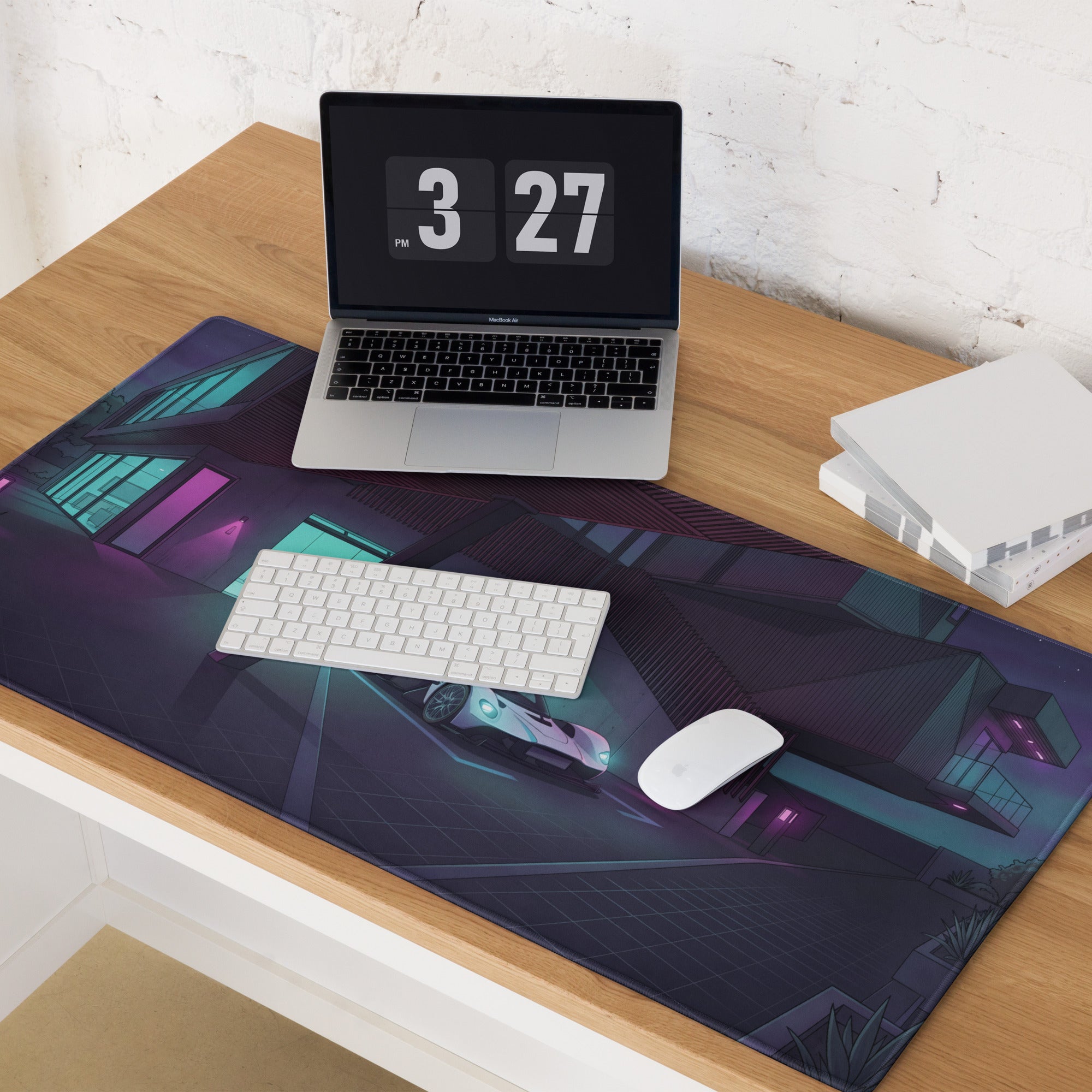 Aston Martin Valkyrie Inspired White Teal Vaporwave Gaming Mouse Pad – Neon Luxury Garage Desk Mat, Moody Futuristic Hypercar Digital Art