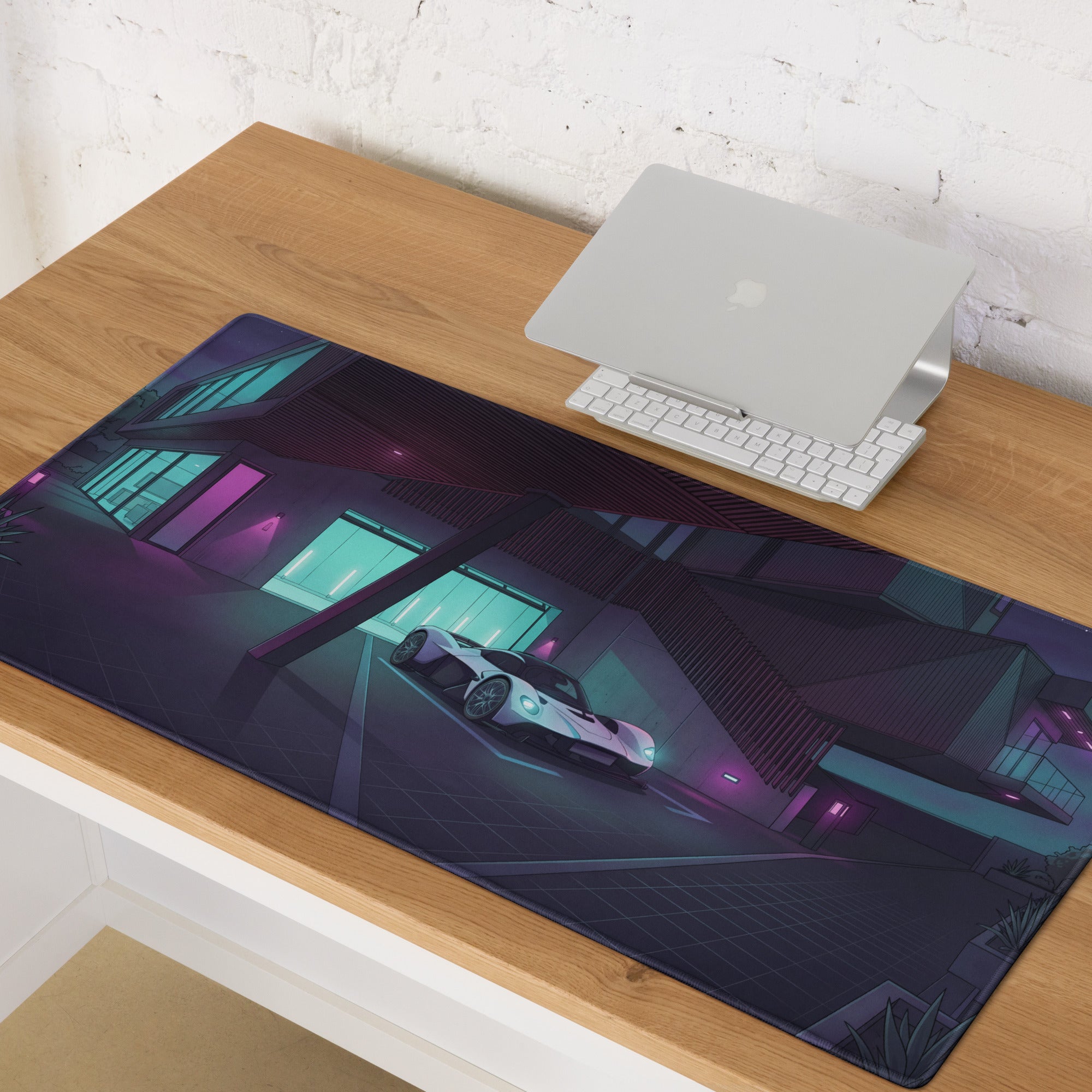 Aston Martin Valkyrie Inspired White Teal Vaporwave Gaming Mouse Pad – Neon Luxury Garage Desk Mat, Moody Futuristic Hypercar Digital Art