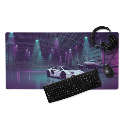Lamborghini Aventador Inspired White Purple Vaporwave Gaming Mouse Pad – Neon Aircraft Hangar Desk Mat, Retro Futuristic Supercar Digital Art