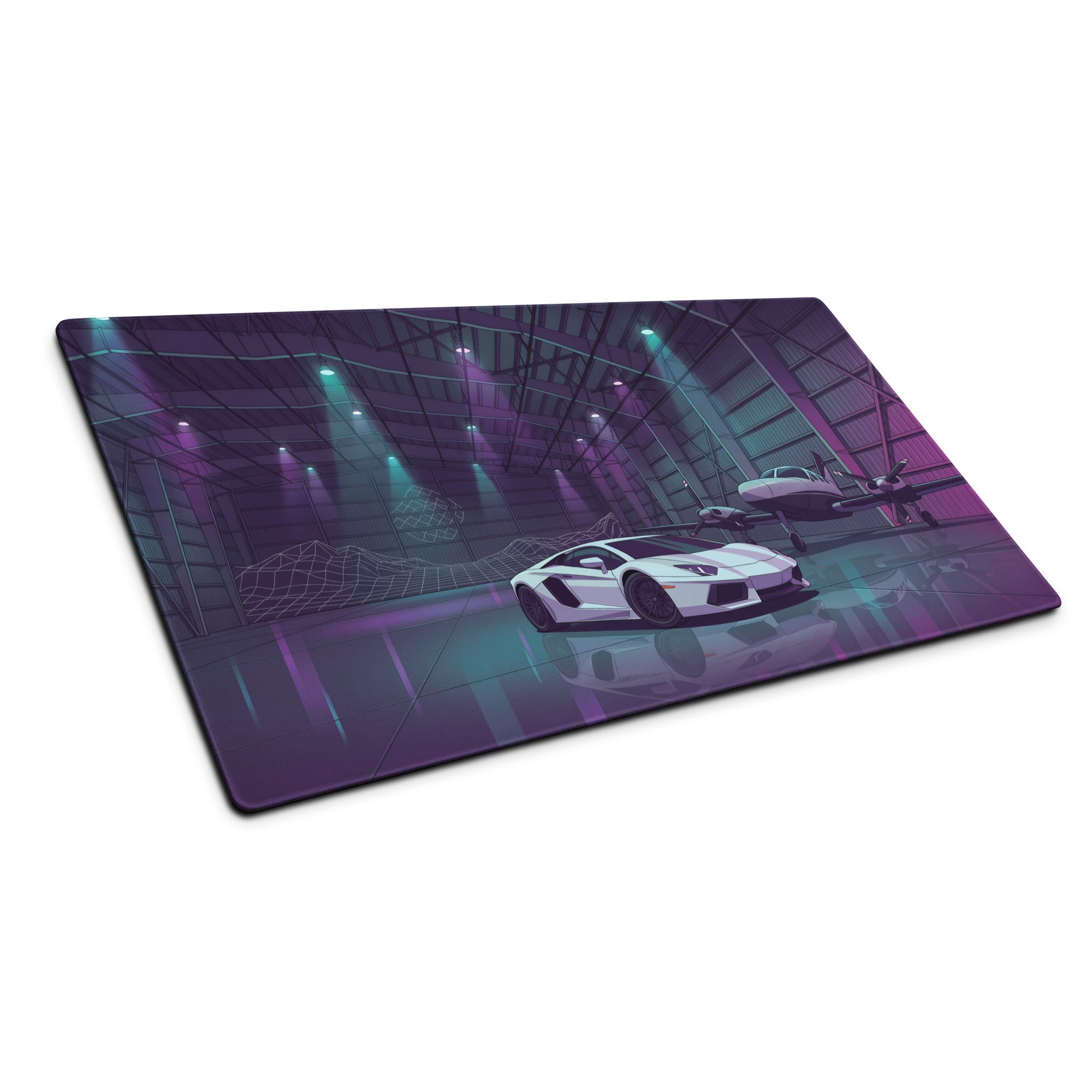 Lamborghini Aventador Inspired White Purple Vaporwave Gaming Mouse Pad – Neon Aircraft Hangar Desk Mat, Retro Futuristic Supercar Digital Art