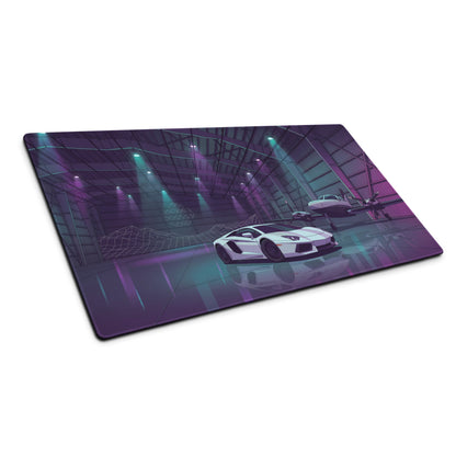 Lamborghini Aventador Inspired White Purple Vaporwave Gaming Mouse Pad – Neon Aircraft Hangar Desk Mat, Retro Futuristic Supercar Digital Art