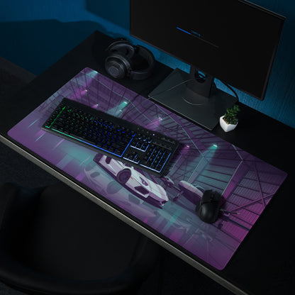 Lamborghini Aventador Inspired White Purple Vaporwave Gaming Mouse Pad – Neon Aircraft Hangar Desk Mat, Retro Futuristic Supercar Digital Art
